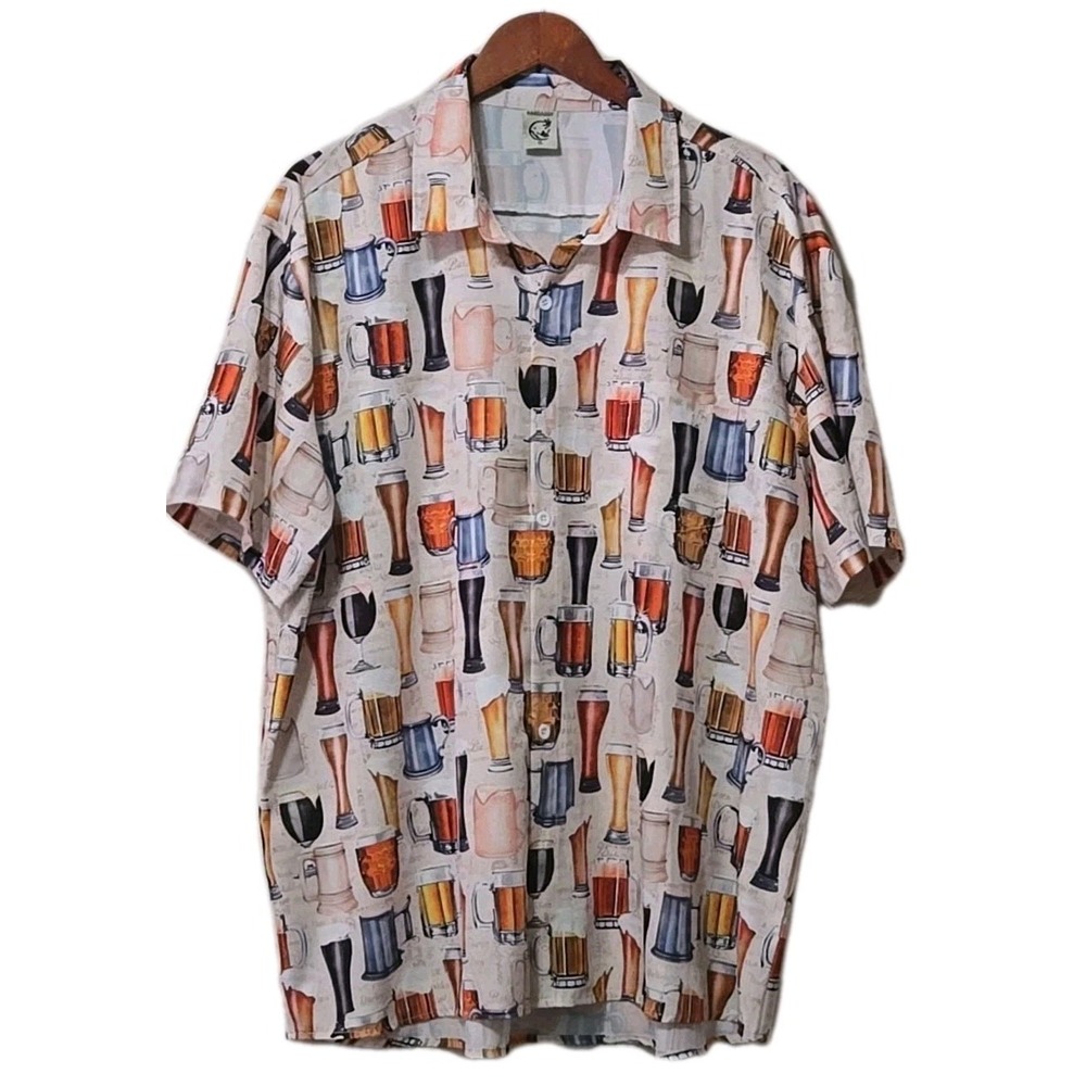 Hardaddy‎ Hawaiian Shirt Men's XL Beige Beer Print Short Sleeve Button Casual